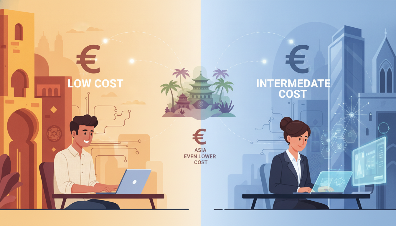 Comparaison visuelle des coûts journaliers des développeurs offshore en Afrique, Europe de l'Est et Asie en 2026.